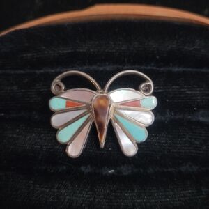 Vintage Zuni Emma Edaakie Turquoise & Sterling Silver Butterfly Brooch/Pendant